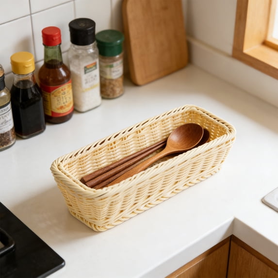 MMJ Storage Basket Hand Woven Plastic Rectangular Desktop Organizer 11.42x4.33x3.54in for Kitchen Snacks Utensils