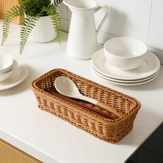MMJ Storage Basket Hand Woven Plastic Rectangular Desktop Organizer 11.42x4.33x3.54in for Kitchen Snacks Utensils