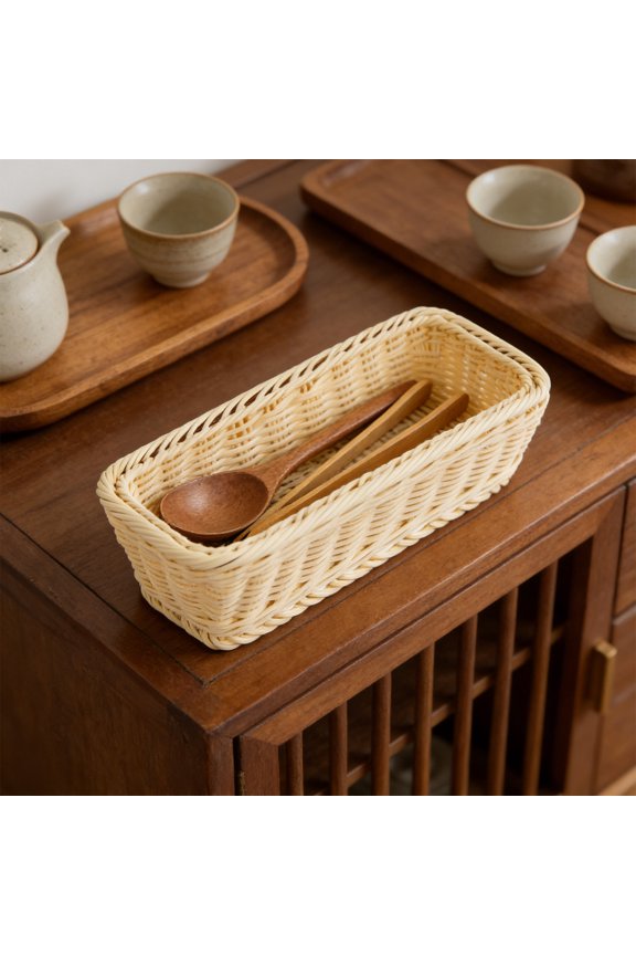 Storage Basket Hand Woven Plastic Rectangular Desktop Organizer 11.42x4.33x3.54in for Kitchen Snacks Utensils