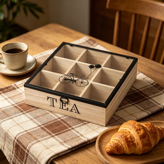 MMJ Storage Bins with Lid Wooden Tea Box Divided Compartment Organizer for Desk Kitchen Counter Snacks 8.86x3.35in