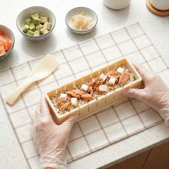 MMJ Sushi Maker Kit Rice Ball Mold with Rolling Mat Onigiri Shaper for Homemade Sushi 7.9x2.8x2.4in