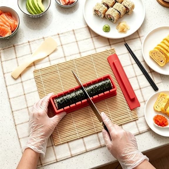 MMJ Sushi Maker Kit Rice Ball Mold with Rolling Mat Onigiri Shaper for Homemade Sushi 7.9x2.8x2.4in