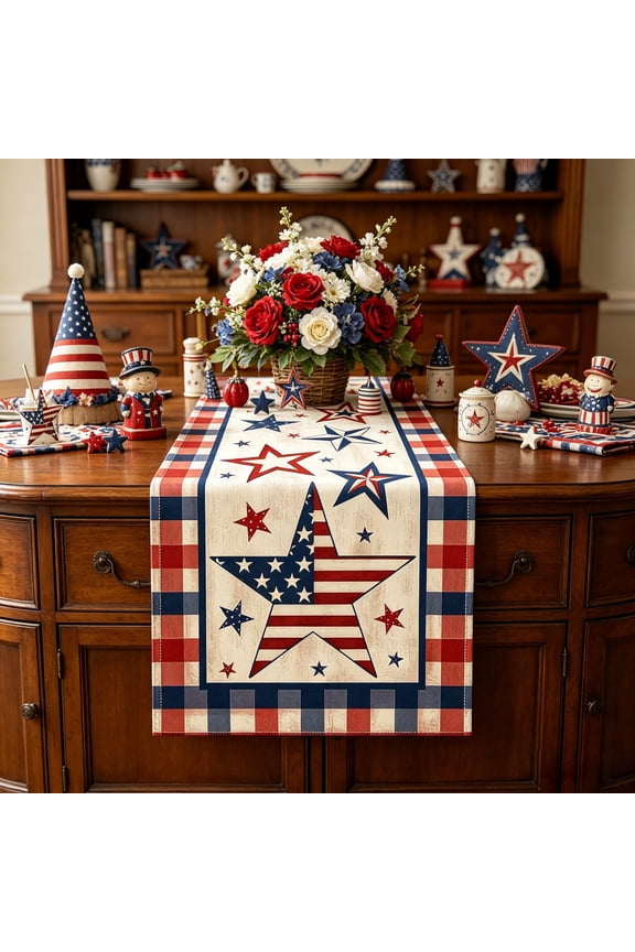 Table Runner Independence Day Red White Blue Star for Kitchen Dining 72x13in