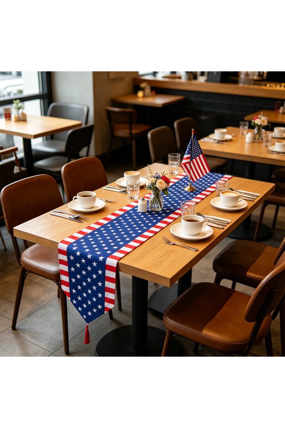 Table Runner Independence Day Star Striped Linen 70.9x13in for Patriotic Dining Decor