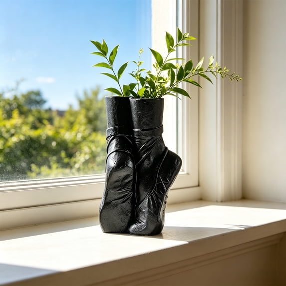 MMJ Vase Ballet Shoe Shaped Resin Modern Decorative Flower Planter Black White 5.91x4.72x9.17in for Home Desktop Centerpiece