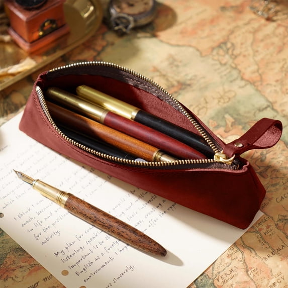MMJ Vintage Faux Leather Pencil Case Large Capacity Zipper for Office Travel 7.9x2x1.6in