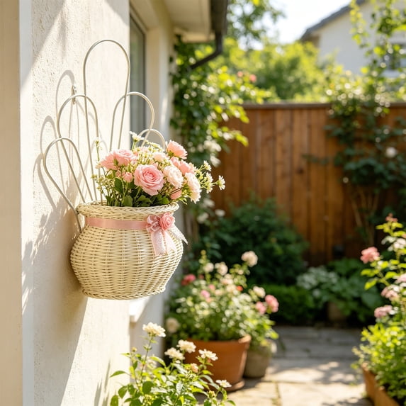 MMJ Wall Mounted Flower Pot No Drill Faux Rattan Hanging Vase for Living Room Garden 14.2x5.9x2.4in