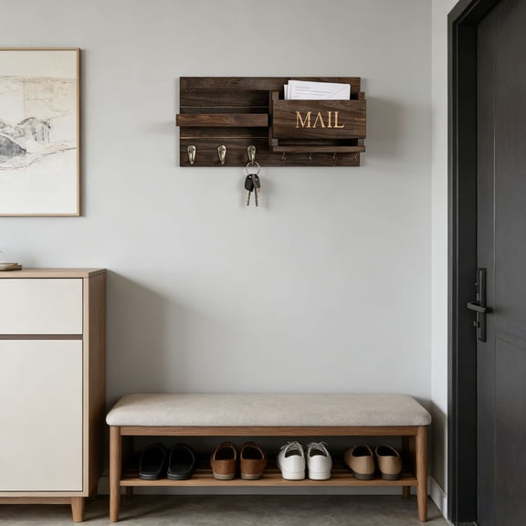 MMJ Wall Mounted Key Holder Wooden 16.5x8.2in Coat Rack Shelf Organizer for Entryway Home Decor Storage
