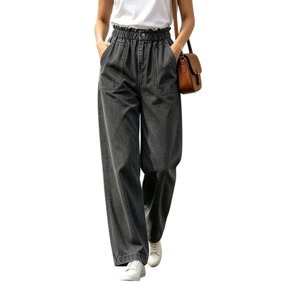 MMJ Women's Wide Leg Jeans Solid Loose Full Length Casual High Waisted Stretchy Denim Pants with Pockets