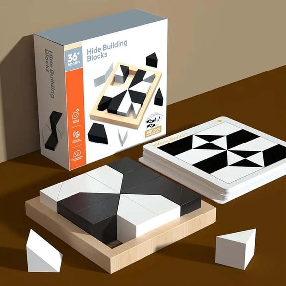 MMJ Wooden Hidden Block Puzzle Brain Teaser Tangram Educational Logic Game Hand Eye Coordination Family Desktop Toy 4.84x4.84x1.06in