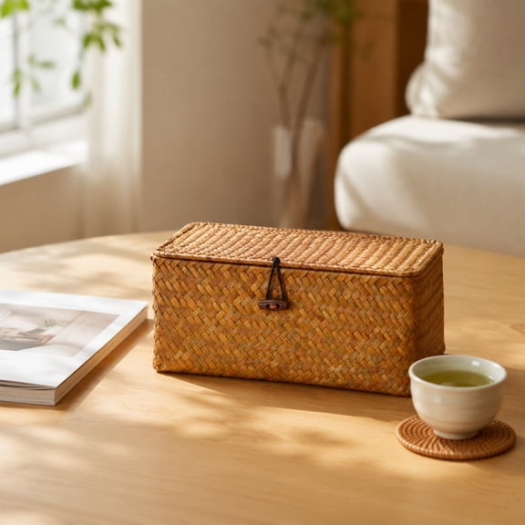 MMJ Woven Seagrass Storage Basket with Lid Natural Handmade Rectangular 9x5.1x3.5in for Bathroom