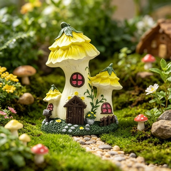 MMJ Yellow Flower House Fairy Tale Resin Castle Ornament for Desk Windowsill Miniature Landscape
