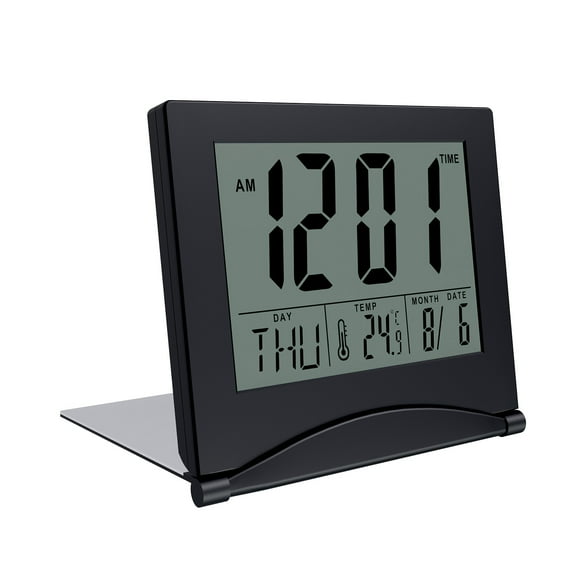 MMOBIEL Digital Clock LCD Travel Alarm Foldable Desk Top Clock Digital Clock with Day, Date and Temperature Indication Digital Alarm Clock for Table Desk Clock Battery Operated Black