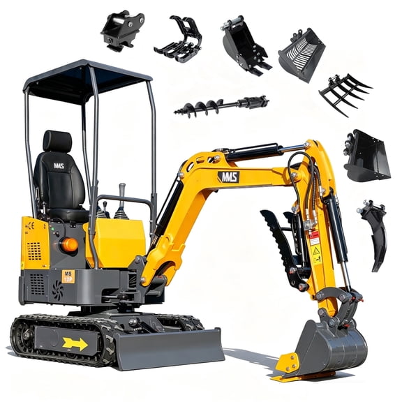MS12P 1.2 Ton Mini Excavator with 8pcs Attachment Kit, 13.5HP B&S EPA Gas Engine, Swing Boom, Adjustable Seat, Safety Light