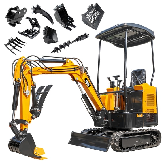 MMS 1.5 Ton Mini Excavator, Pilot Control, Swing Boom, B&S 13.5HP 420cc EPA GAS Engine Crawler Small Digger Machine MS15 with 8pcs Attachments Bundle