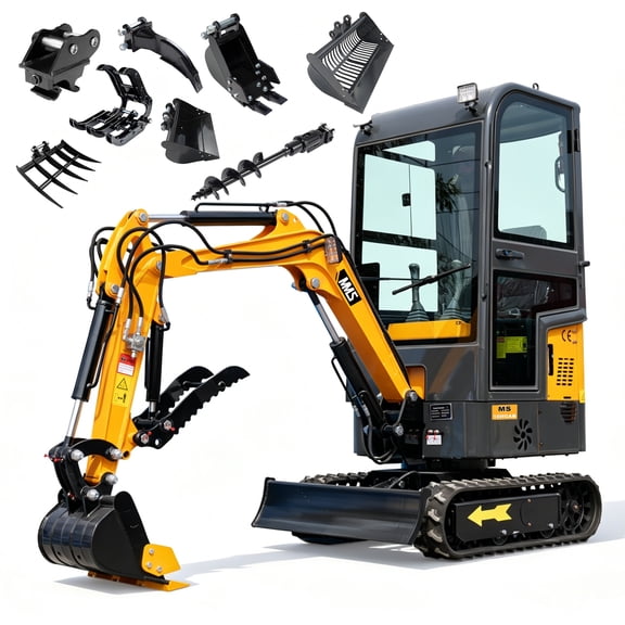 MMS 13.5HP 420CC Mini Excavator With B&S GAS Engine Crawler Hydraulic MS10HCAB 1 Ton Small Digger Enclosed Cab Excavator with 8pcs Attachment Bundlefor Construction Work Gardens and Farm