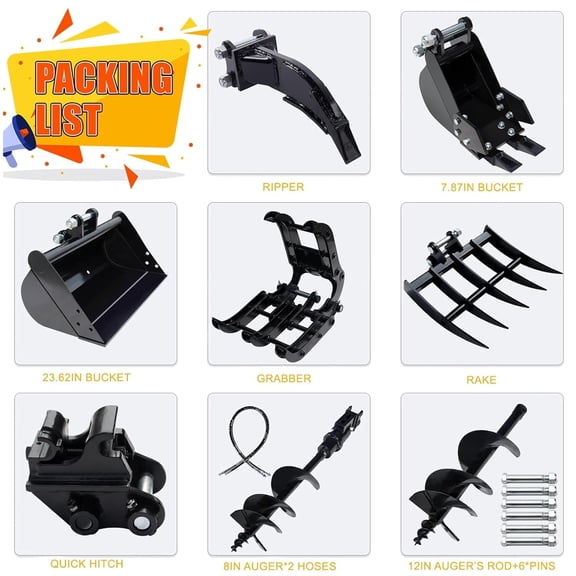 MMS 8-in-1 Mini Excavator Accessories Kit with Narrow Bucket, Quick Coupler, Ripper, Rake, Grapple, Auger, Drill Rod, Flat Bucket