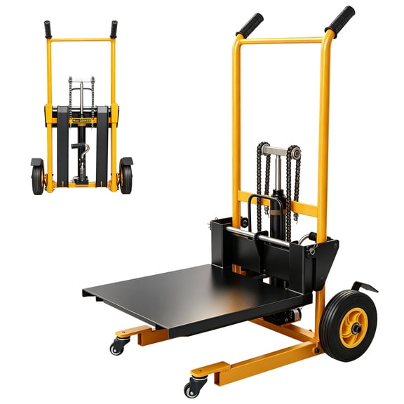 MMS 450 lbs Foldable Hydraulic Material Lift Winch Stacker Forks, Dual-Side Foot-Powered Assist, 35.8" Max Lift Height, Removable Platform, Pallet Truck Dolly, 360° Swivel Caste