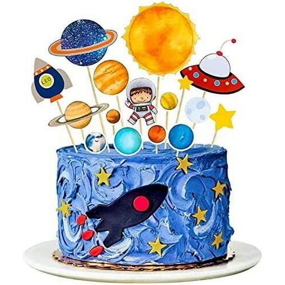 MMTX 16pcs Cake Decoration Space Astronaut Birthday Cake Rocket Birthday Decoration Sun Planet Party Universe Cake Topper for Children Boy Girl Birthday Space Cupcake Toppers