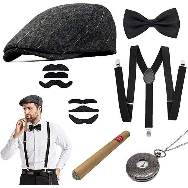 MMTX 1920s Men Accessories, Gatsby Men Suit Set Including Panama Hat,  Elastic Vintage Men Suspenders, Men Neck Bow Tie and Vintage Pocket Watch