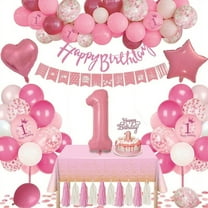 YANSION Pink Birthday Party Decorations for Girls, Happy Birthday Banner,  Cake Topper, 40 Number Balloons, Baby Pink Party Tablecloth, First  Birthday