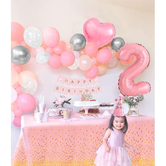 MMTX 2 Year Old Girl Pink Birthday Decoration, Baby Girl 2nd Birthday Balloons, 40" Number 2 Balloon, Pink Balloon Arch with Happy Birthday Banner Tablecloth for Girl 2nd Baptism Baby Shower
