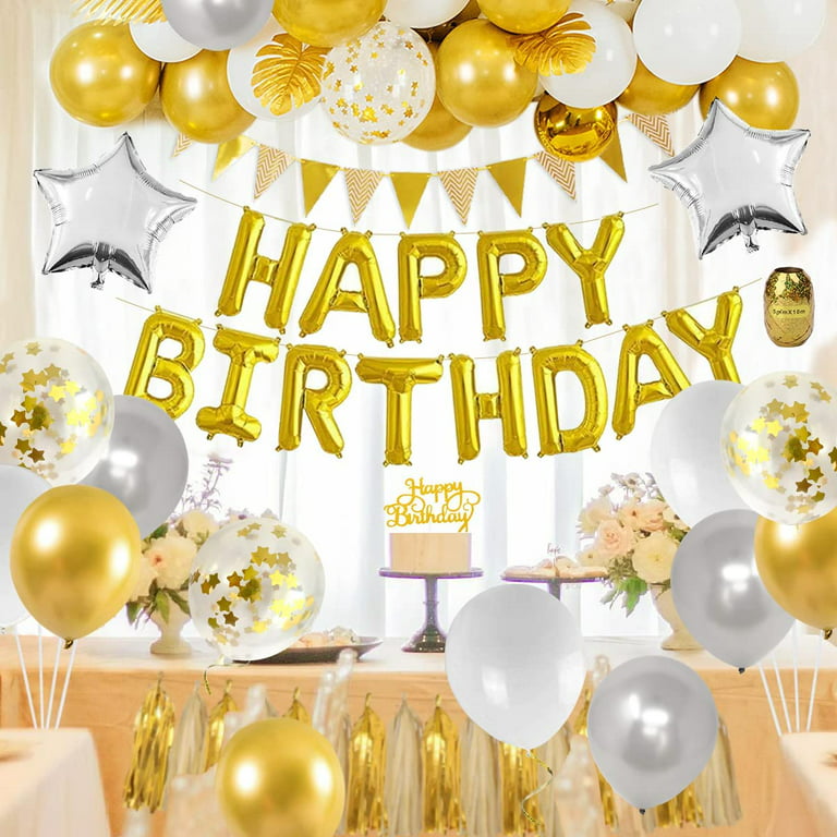 Gold Party Decorations with Birthday Banner, Gold White Confetti