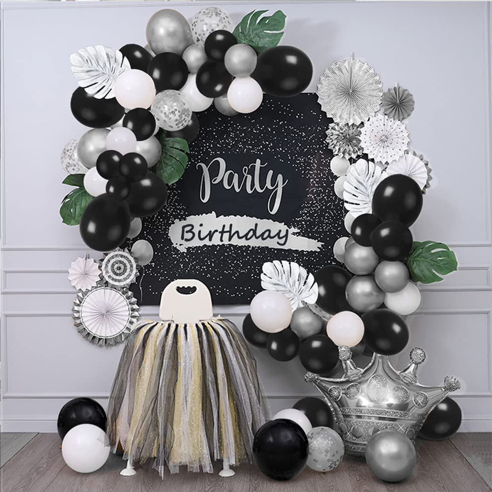 MMTX Black Silver White Balloon Arch Kit Party Decoration, Silver Metallic  White Black Silver Confetti Balloons with Silver Palm Leaves for Birthday  Party Baby Shower 