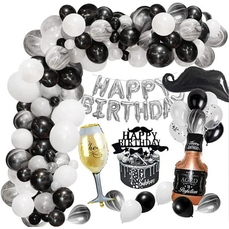 MMTX Black White Silver Balloon Garland Kit, Agate Silver Confetti Balloon  Decoration, with Wine Bottle Foil Balloons, Happy Birthday Banner for Men  Birthday Anniversary Graduation Party 