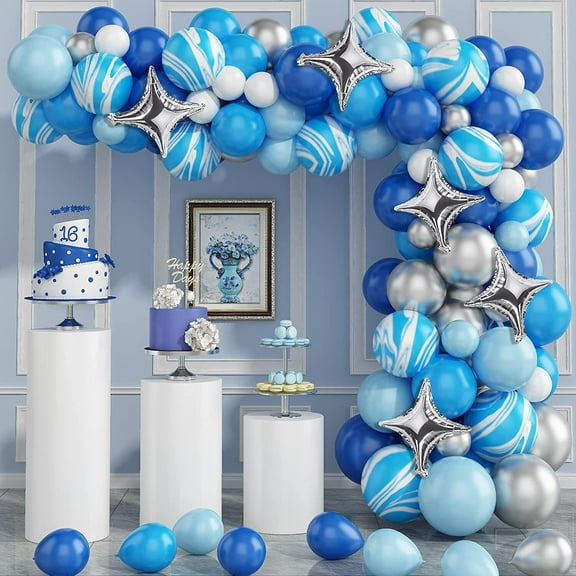 MMTX Blue Agate Balloons Garland Kit, Maya Blue and Royal Blue Balloons and Metallic Sliver Balloons with Silver Star Shaped Foil Balloons for Baby Shower Girls Boys Birthday Wedding