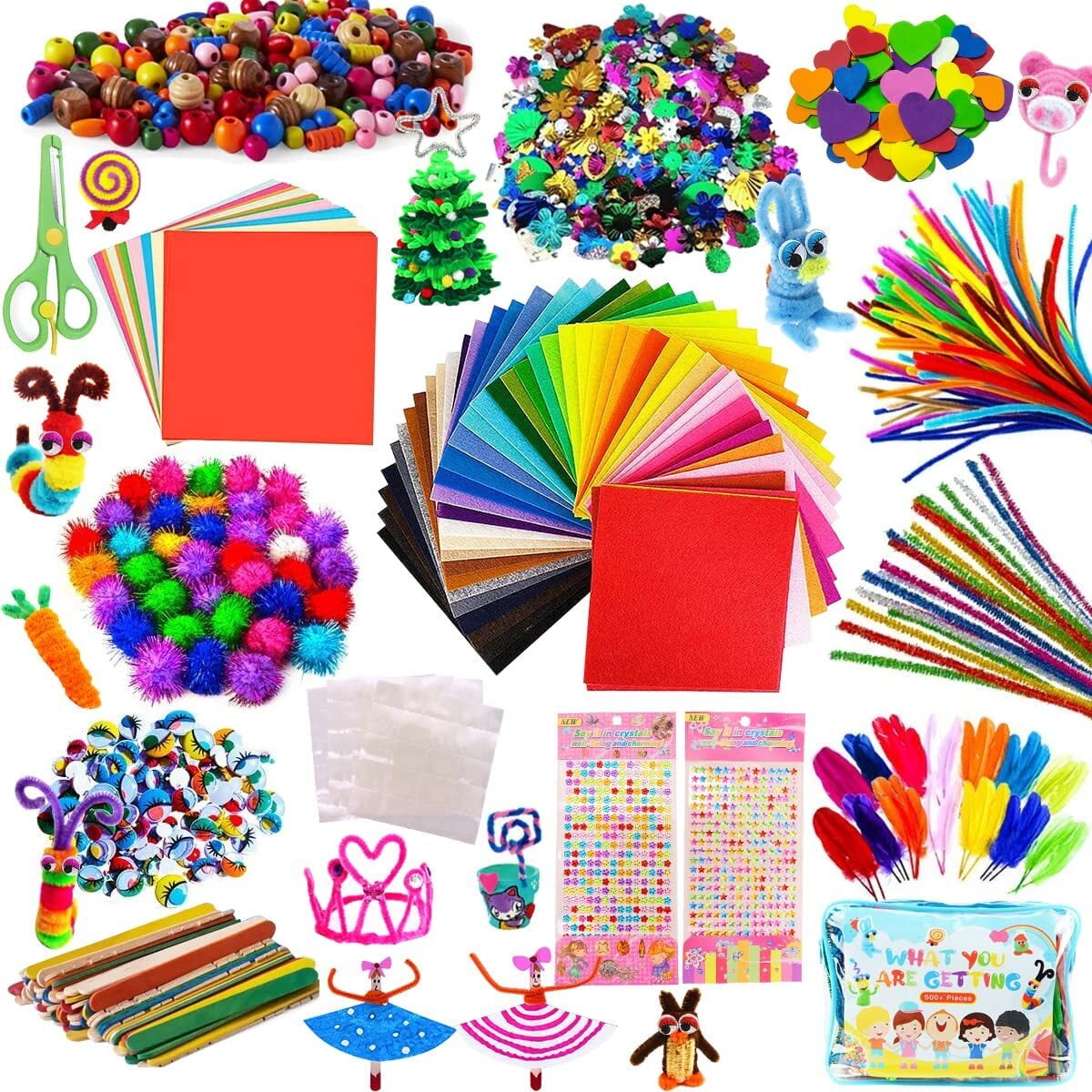MMTX Children's Craft Set, Craft Art DIY Toy, Pipe Cleaners, Color Felt Leaf, Glitter Pom Poms, Feathers, Buttons, Eyes, Sequins DIY Craft Decorations for Kid Birthday