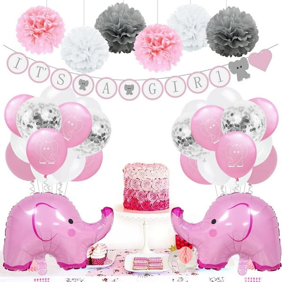 MMTX Elephant Baby Shower Decorations for Gril, Pink White Baby Shower Balloon Set with Elephant Balloons Confetti Balloons Paper Pompoms Flowers for Baby Girl Gender Reveal Baby Shower