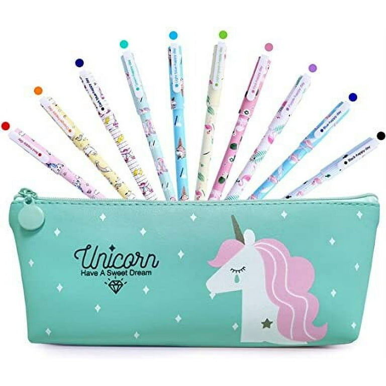 MMTX Green Unicorn Pen Set Pencil Case Unicorn Gift for Girls Cute Girls  Pens Pencil Case School Stationery Pencil Case 10 Colour Gel Pens ​for  Girls