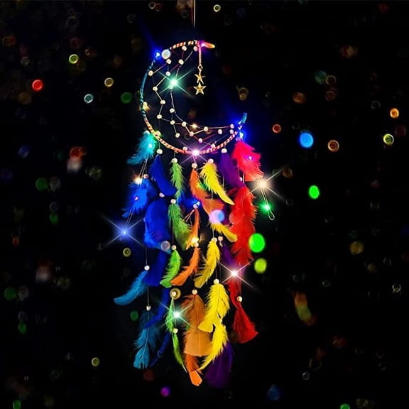 MMTX Moon Dream Catcher with LED Light, Handmade Feather Dreamcatcher Boho Home Bedrooms Decoration Wall Hanging Christmas Festival Craft Gift Ornaments for Kids Girls