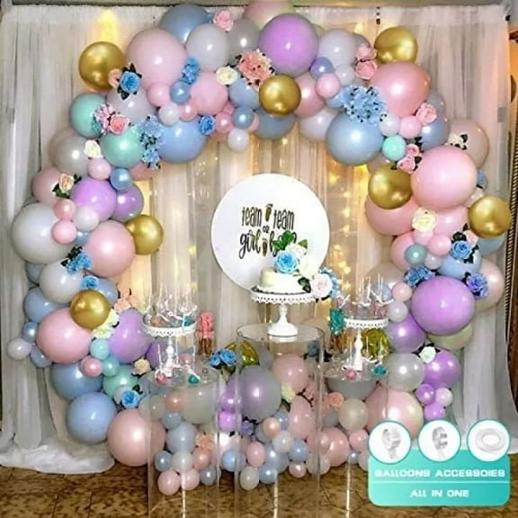 MMTX Pastel Rainbow Assorted Balloon Arch Garland Kit, Macaron Pink Blue Purple Gold Balloons Decoration with Artificial Flowers for Girl Birthday Baby Shower Gender Reveal Wedding Rainbow Party