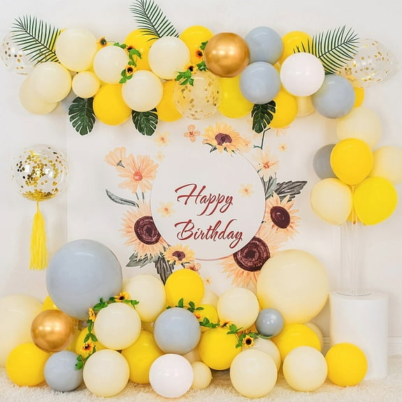 MMTX Pastel Yellow Balloon Arch Garland Kit, Macaron Yellow Grey White Gold Balloons with Artificial Sunflower Vine for Sunflower Bee Theme Party Baby Shower Wedding