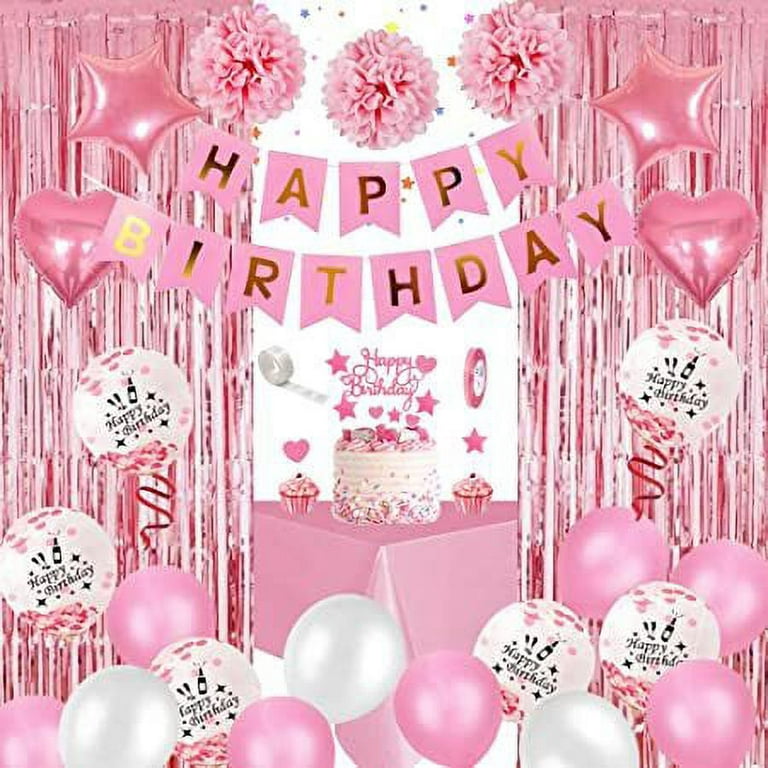 Happy Birthday Decorations For Girls Combo Set- Pink White Metallic  Balloons With foil curtain, Happy Birthday Letter Foil Balloon, Ribbon -  Girls, Women, 1st, 2nd, 3rd, 4, 5,6th - 44Pcs - Party