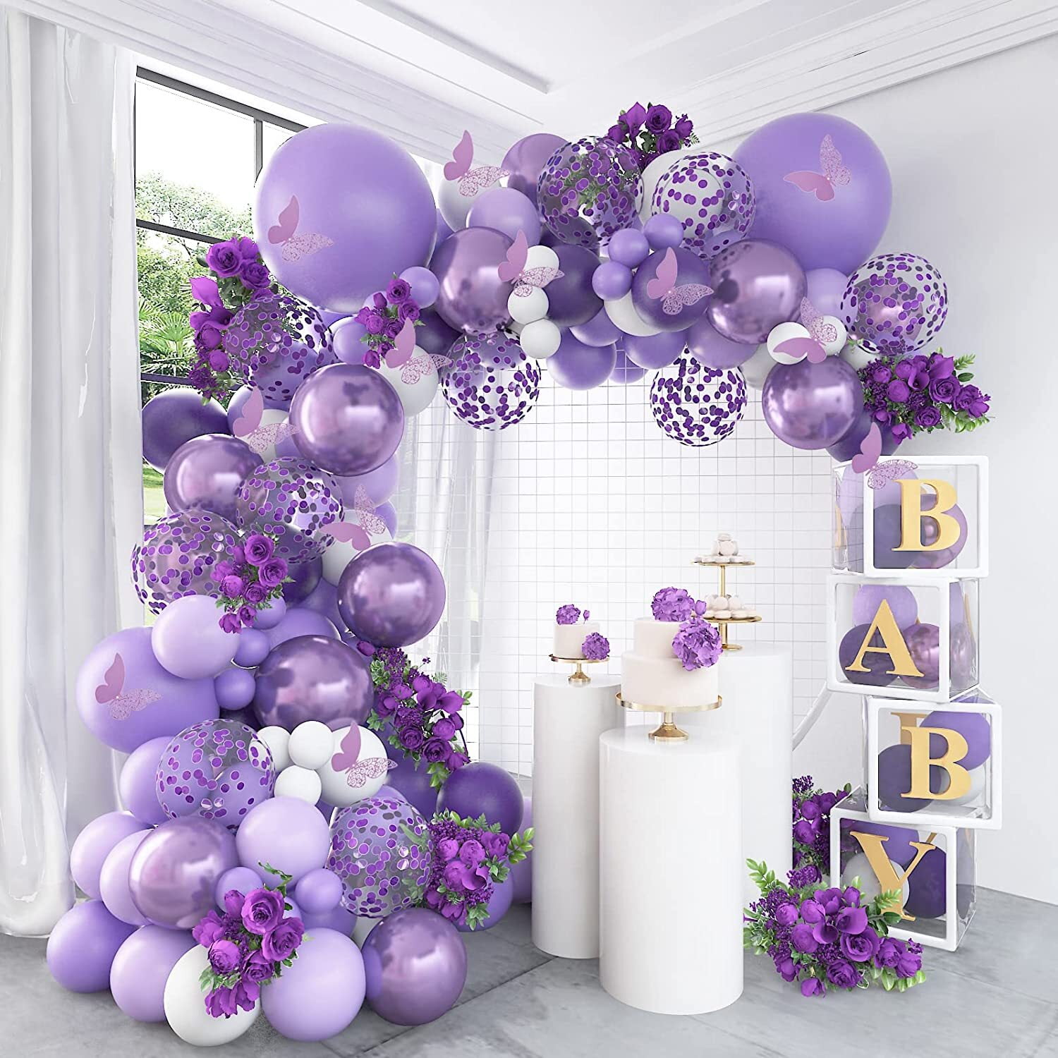 MMTX Purple Butterfly Balloon Garland Kit with Butterfly Stickers, White Macaron Metallic Purple Confetti Balloons Arch for Birthday Wedding Anniversary Engagement Bridal Shower Party