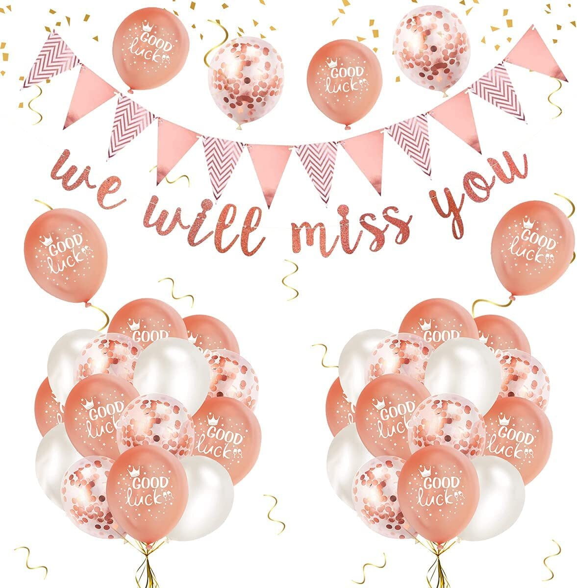 MMTX Rose Gold Good Luck Balloons Party Decorations with Triangle Flag Banner, We Will Miss You Banner, Confetti Balloon for Retirement Graduation Leaving Party Going Away Farewell Decoration
