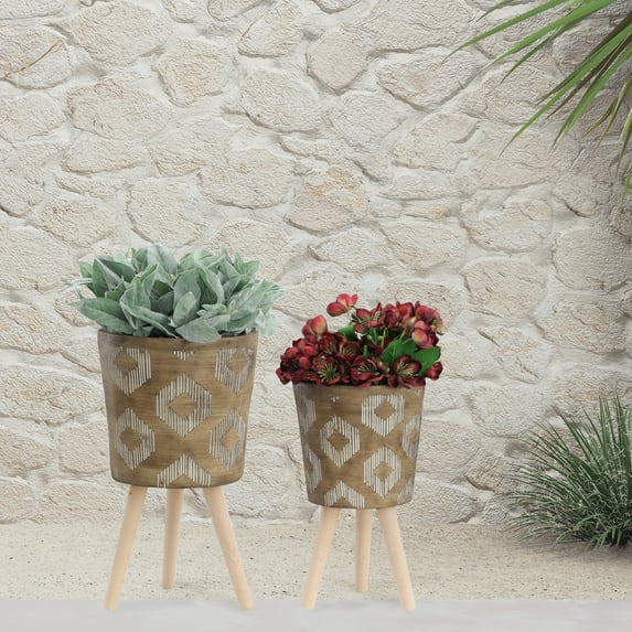 MMTX S/2 10/12" DIAMOND PLANTER W/ WOOD LEGS, BROWN KD