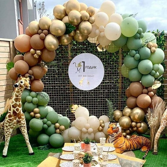 MMTX Safari Party Decoration, Olive Green Sage Green Coffee Gold Balloon Garland Kit, Jungle Balloon for Wild One 1st Jungle Birthday Decoration Baby Shower Wedding