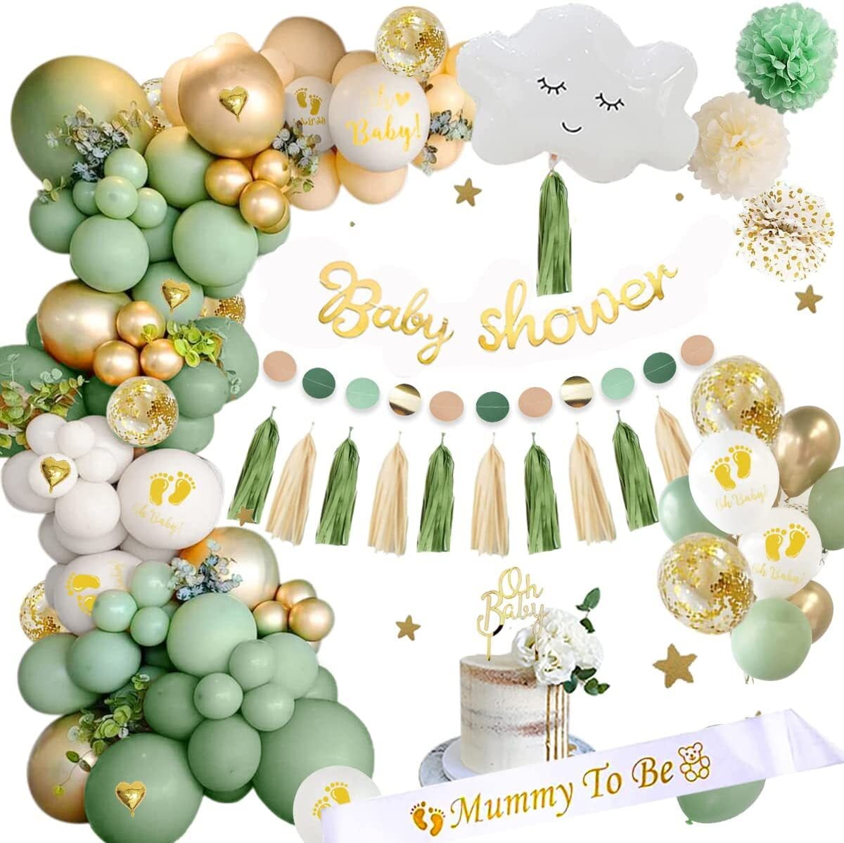 MMTX Sage Green Baby Shower Decorations, Neutral Baby Shower Balloons Set,  Mummy to be Sash, Oh Baby Banner Cake Topper Tassels Paper Pom Poms for  Gender Reveal Party 