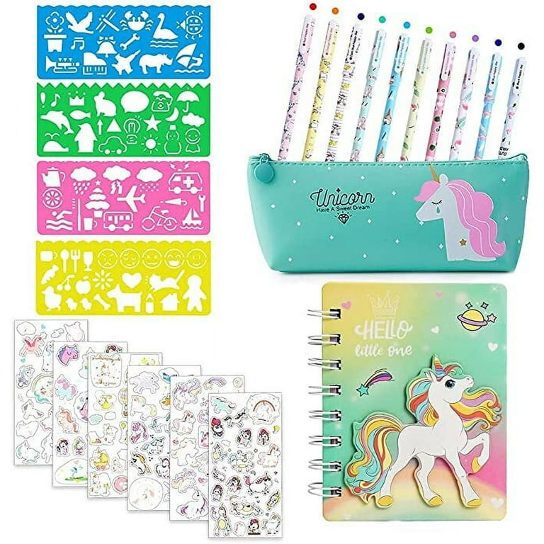 MMTX Unicorn School Stationery Set, Unicorn Girl Pencil Case, Girls Pens,  Stickers, Drawing Stencils, Notebook, Unicorn Writing for Girls Kids 4 to  12 Years Green 