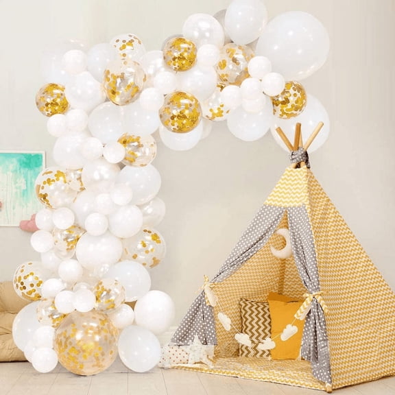 MMTX White Gold Balloon Arch Garland Kit, White Gold Balloon and Gold Confetti Transparent Balloon for Wedding Birthday Baby Shower Bridal Shower Graduation