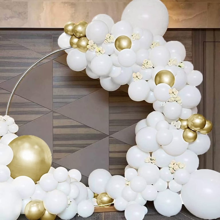 White And Gold Balloon Garland Arch Kit - Includes Gold Tinsel Curtain For Parties