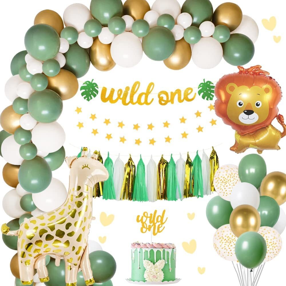 MMTX Wild One Birthday Decoration, Jungle Safari Theme 1st Birthday  Decoration with Banner, Boho Lions Giraffe Foil Balloon, Wild One Green  Balloons Garland for Boys Girls 1st Birthday Decoration 