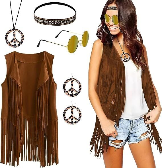 5pcs Set 70s Hippie Clothing Set Role Playing Party Costumes Halloween  Party Decors Peace Sign Necklace Woven Bracelet Golden Straight Wig  Sunglasses Tie Dye Sunflower Headband Photography Props Stage Performance  Accessories