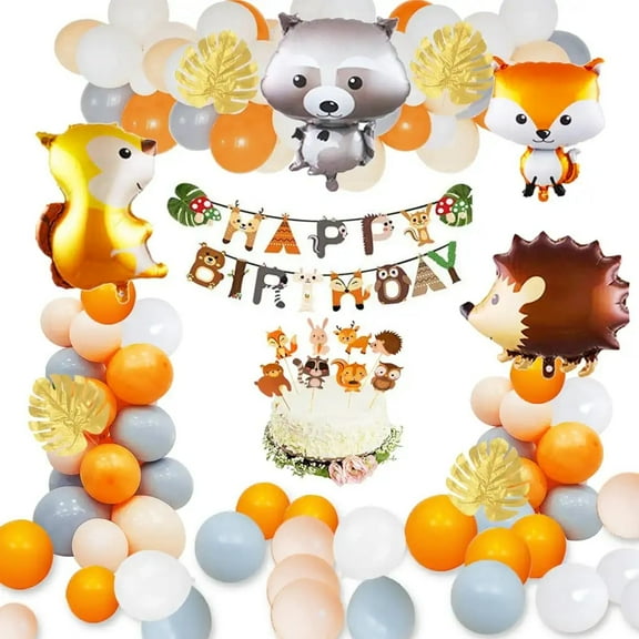 MMTX Woodland Party Decorations Forest Animal Theme Balloon with Fox Raccoon Squirrel Hedgehog Foil Balloons, Happy Birthday Banner and Turtle Leaves for Kid 1st Birthday Baby Shower