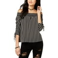 thumbnail image 1 of Juniors' Striped Off-The-Shoulder Ruched-Sleeve Top White Black M, 1 of 1