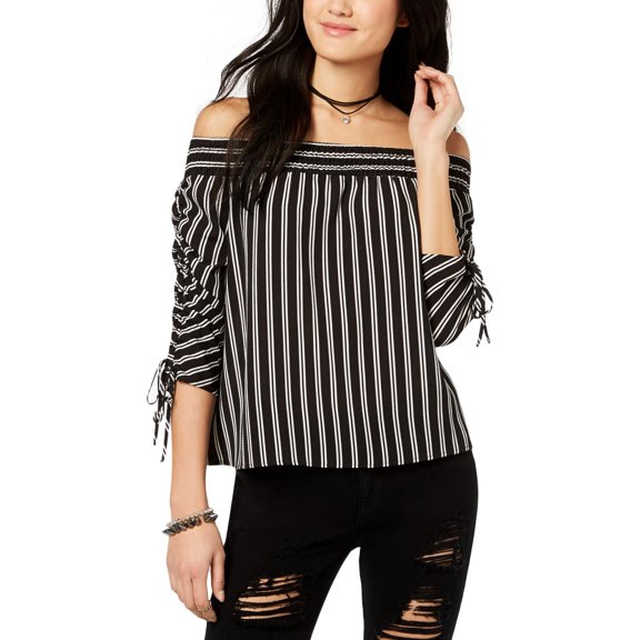 Juniors' Striped Off-The-Shoulder Ruched-Sleeve Top White Black M